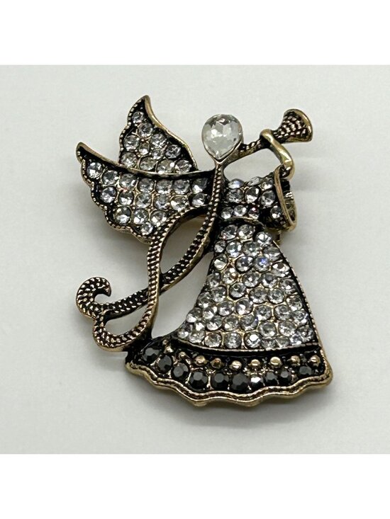 Monet Jewelry - Vintage Monet Brooch Gold Tone Rhinestone Trumpeting Angel Guardian Christmas